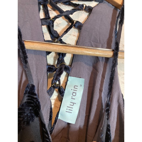 Lily Rain Halter Dress Women Medium Grey Velvet Leaf Print Lace Up Dark Romantic - Picture 13 of 13